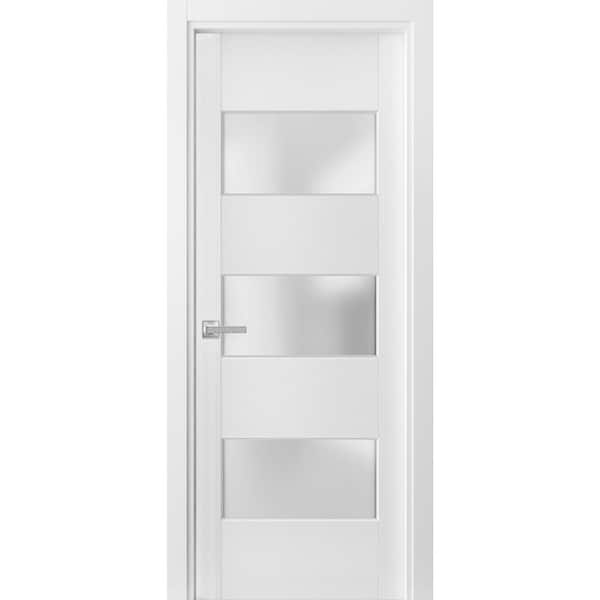 Slab Barn Door Panel Frosted Glass 3 Lites 30 x 80 inches | Lucia 4070  White Silk | Sturdy Finished Doors | Pocket Closet Sliding