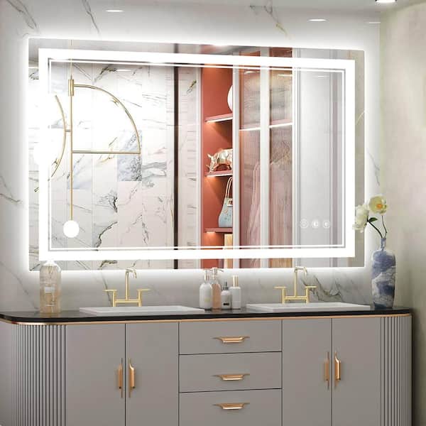 ANGELES HOME 40 in. W x 28 in. H Rectangular Aluminum Frameless Wall Bathroom Vanity Mirror w/ Light, Tempered Glass