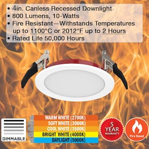 4 in. Fire Rated Canless Integrated LED Recessed Light Trim Downlight 800-Lumens Adjustable CCT Dimmable (12-Pack)