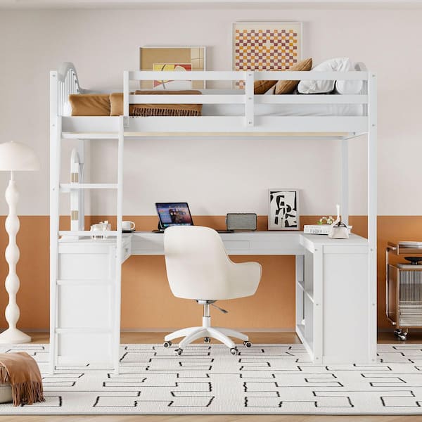 White Full Size Wood Loft Bed with U-shaped Desk, Storage Compartments and Tri-fold Mirror