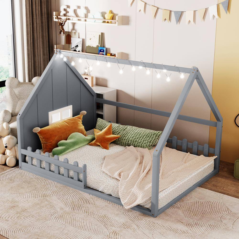 Gray Full Size Wood House Kids Bed with Window and Fence