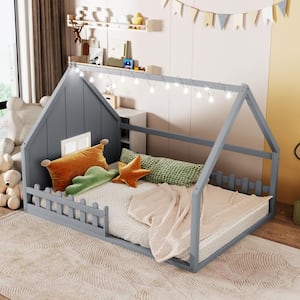 Gray Full Size Wood House Kids Bed with Window and Fence