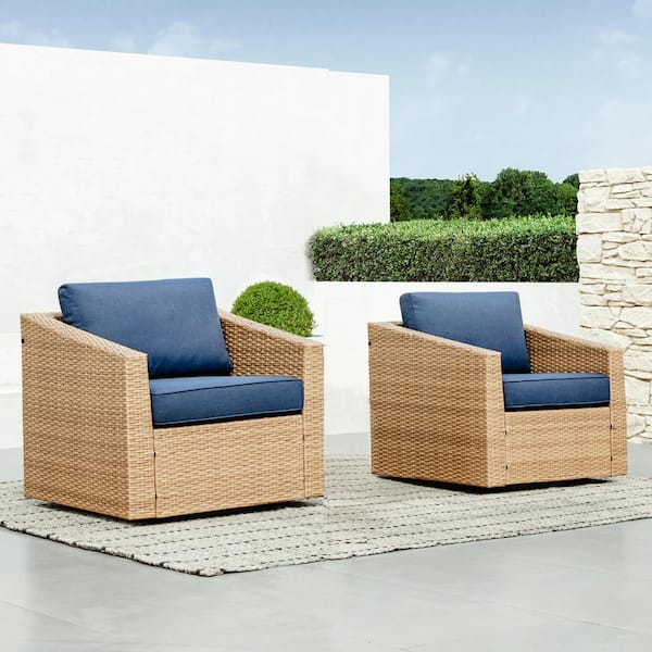 Spruce & Spring Cyril Brown Fabric 360-Degree Swivel Wicker Arm Chair with Blue Cushion Accent Chair for Outdoor and Indoor (Set of 2)