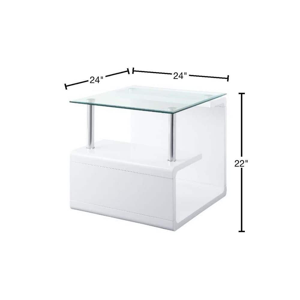Nevaeh 29" White High Gloss & Clear Glass Square End Table