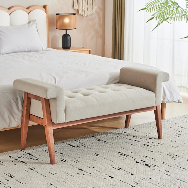CHRISTOPHER KNIGHT HOME Oakhaven Modern Upholstered Ottoman Bench with Tufting, Wood Frame, Beige + Brown