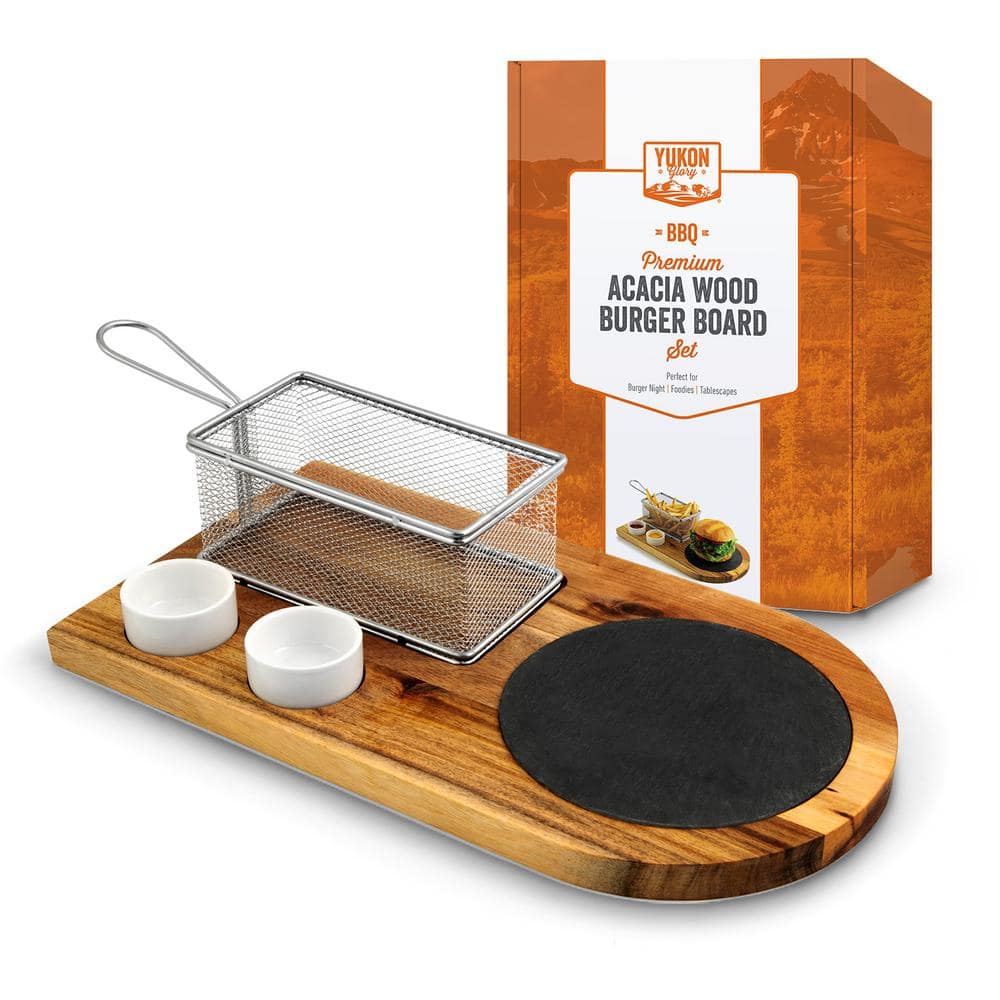 Yukon Glory Large 14.5 in. x 8 in. Rectangular Acacia Wood End Grain Burger Board Set with French Fry Basket and Sauce Holders