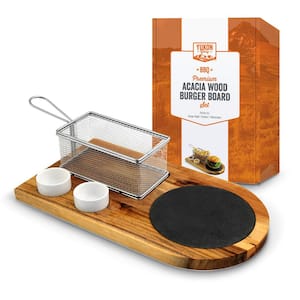 Large 14.5 in. x 8 in. Rectangular Acacia Wood End Grain Burger Board Set with French Fry Basket and Sauce Holders