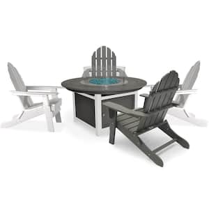 Vail 48 in. 2-Tone Gray Round Fire Pit, 5-Piece Plastic Patio Conversation Set with 2 White/Gray Balboa Chairs