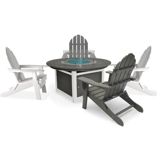 LuXeo Vail 48 in. 2-Tone Gray Round Fire Pit, 5-Piece Plastic Patio Conversation Set with 2 White/Gray Balboa Chairs
