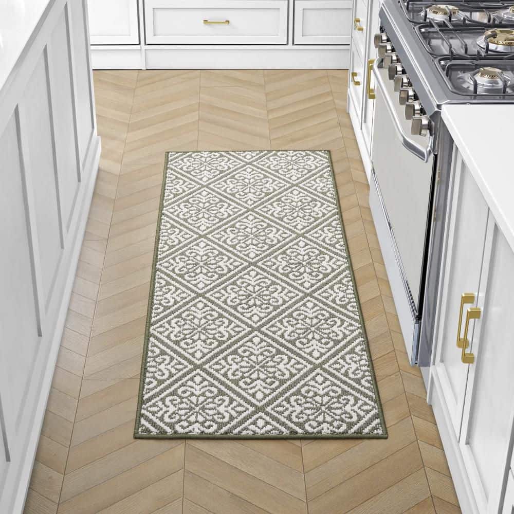 Ivory and Sage Geometric Tufted Runner Rug, 60" x 25"