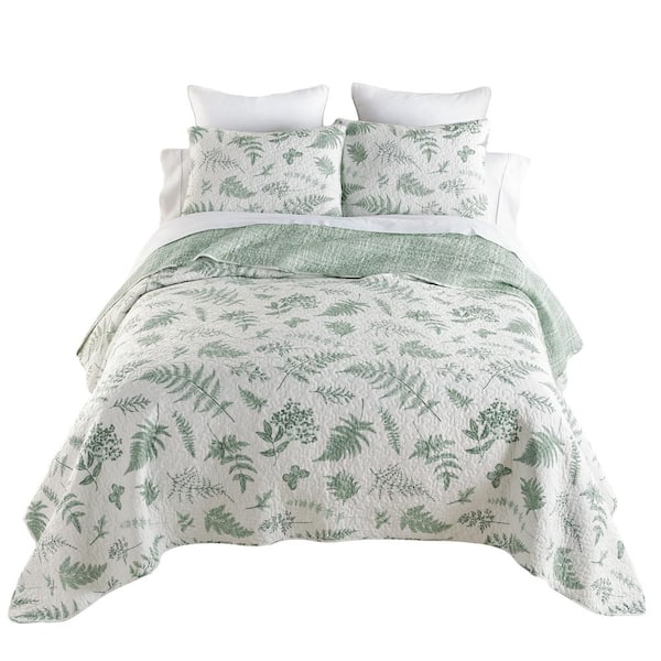 DONNA SHARP Botanical 3-Piece White and Green Queen Cotton Quilt Set