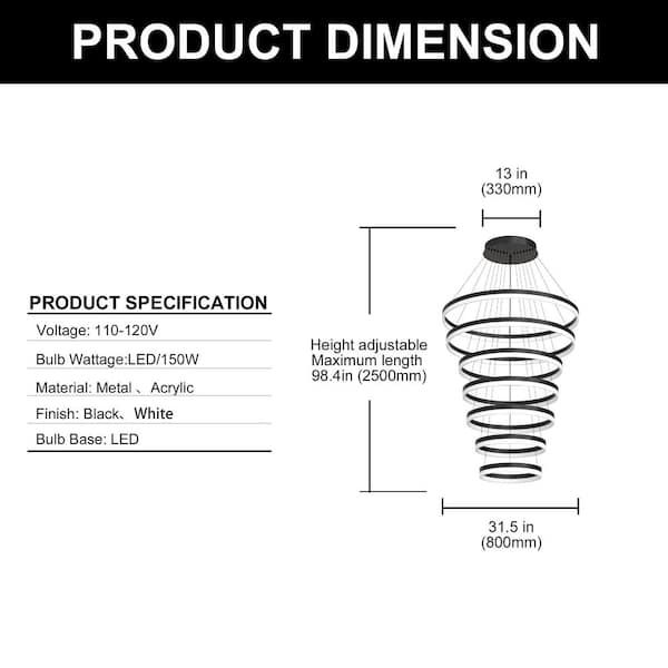YANSUN 7-Light Modern Ring Black LED Chandelier, Dimmable