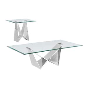 Arie 60 in. Clear Rectangle Glass Top Coffee Table Set With Stainless Steel Base Set Of 2