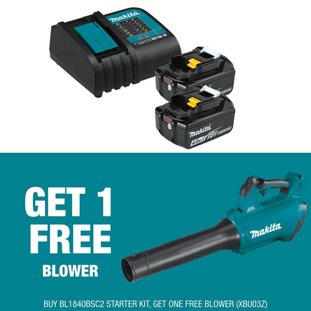 Makita 18V LXT Lithium-Ion Battery and Charger Starter Pack (4.0Ah) with bonus 18V LXT Lithium-Ion Brushless Cordless Blower BL1840BSC2XBU03