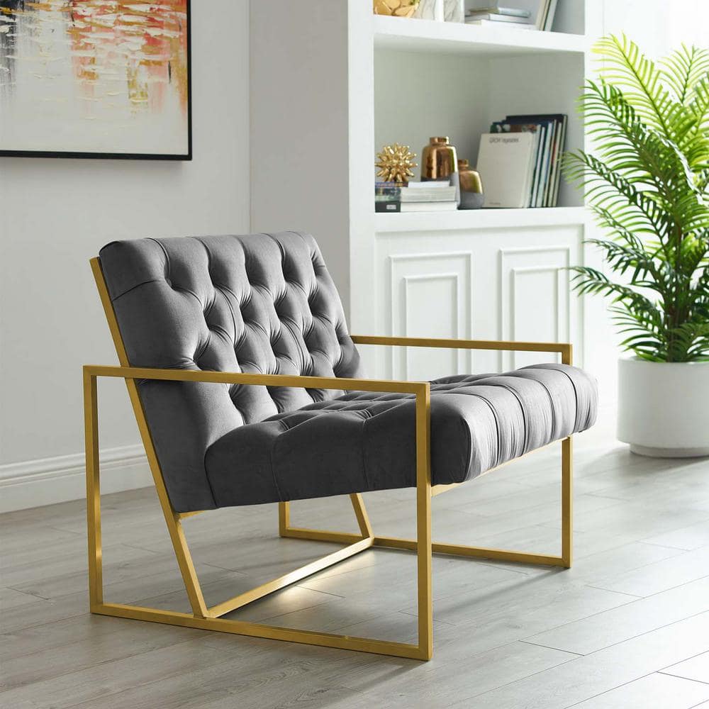 Gray Velvet Tufted Accent Chair with Metal Frame