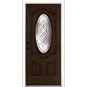 37.5 in. x 81.625 in. Lakewood Zinc 3/4 Oval Lite Stained Walnut Oak Right-Hand Inswing Fiberglass Prehung Front Door
