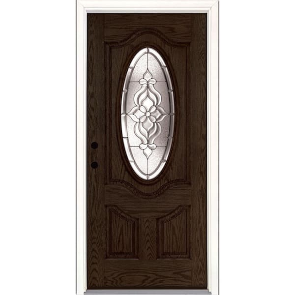 Feather River Doors 37.5 in. x 81.625 in. Lakewood Zinc 3/4 Oval Lite Stained Walnut Oak Right-Hand Inswing Fiberglass Prehung Front Door