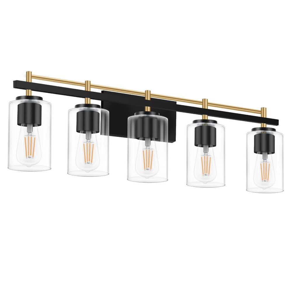 30.72 in. 5-Light Matte Black and Gold Modern Bathroom Vanity Light with Clear Cylinder Glass Shade price history on PriceWatchPro