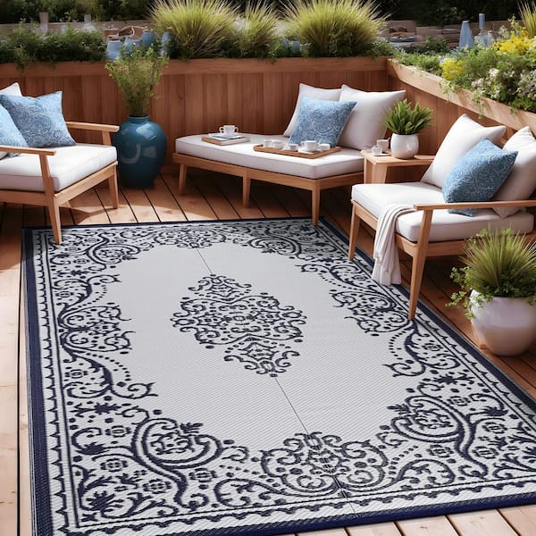 Beverly Rug 5 X 8 Blue White Lightweight Medallion Reversible