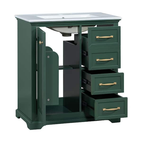 30in. Green Bathroom Vanity Freestanding with Drawers, Solid Frame ,Top Ceramic with White Basin