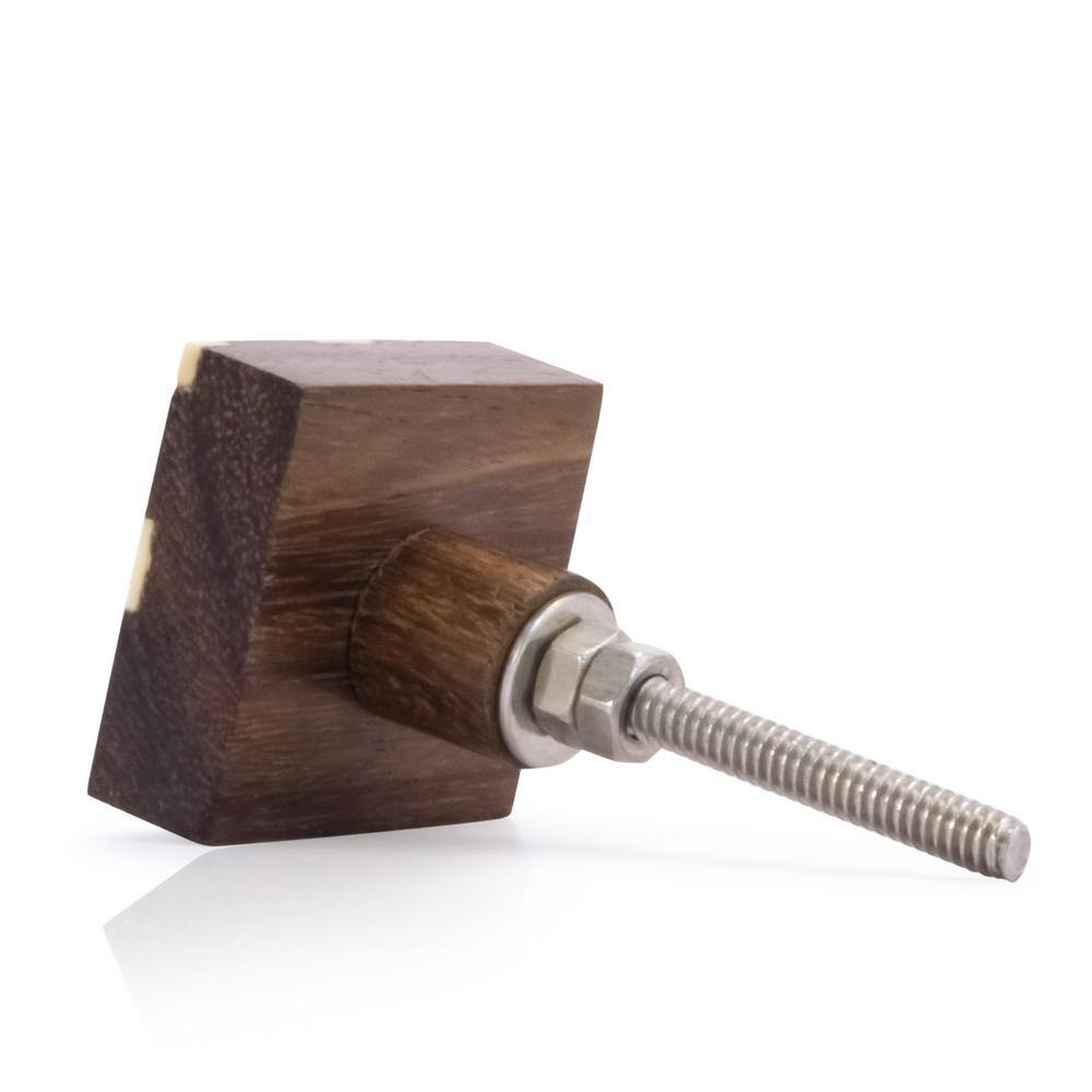 Cream and Brown Wood Square Cabinet Knob with Mounting Hardware