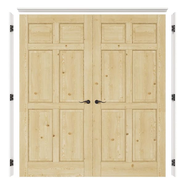 72 in. x 80 in. 6-Panel Universal Solid Core Unfinished Pine Wood Double Prehung Interior Door with Quick Assemble Jamb