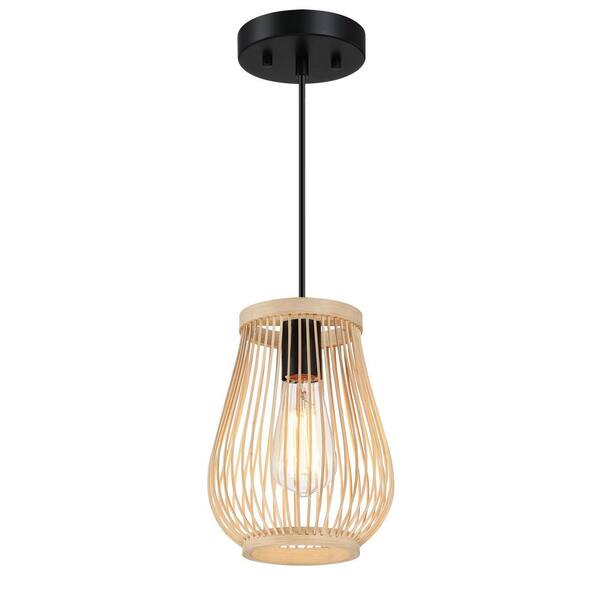 Avex 1-Light Black and Brown Pendant Light with Rattan Shade, No Bulbs Included