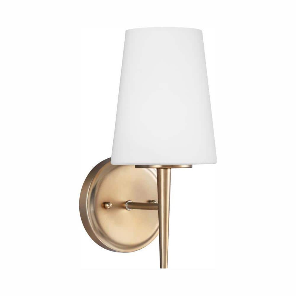 Driscoll 5 in. 1-Light Contemporary Modern Satin Brass Wall Sconce Bathroom Vanity Light with White Glass and LED Bulb price history on PriceWatchPro