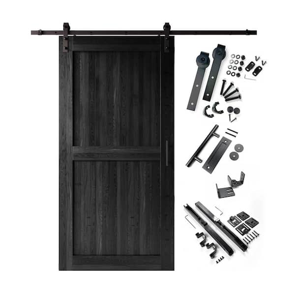 48 in. x 96 in. H-Frame Black Solid Pine Wood Interior Sliding Barn Door with Hardware Kit, Non-Bypass