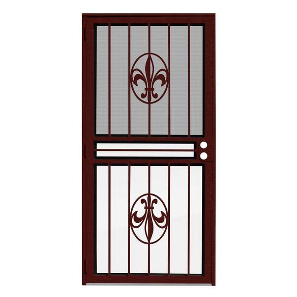 Unique Home Designs 32 in. x 80 in. Fleur de Lis Wineberry Recessed Mount All Season Security Door with Insect Screen and Glass Inserts