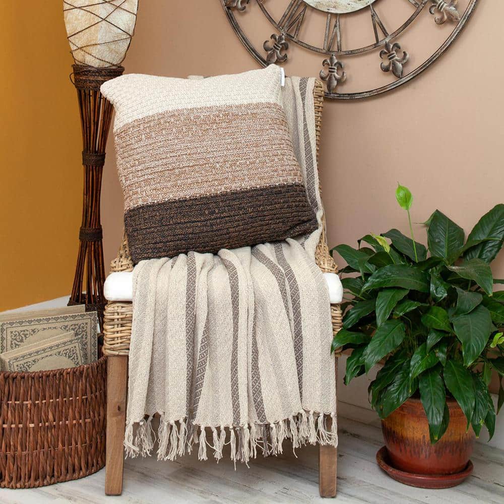 Beige and Taupe Woven Handloom Cotton Throw Blanket with Tassels