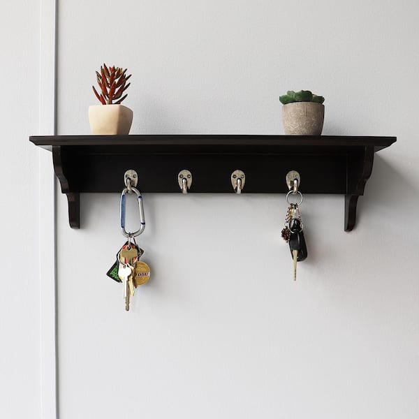 Home Basics Wood Floating Shelf with Key Hooks, Brown HDC94951
