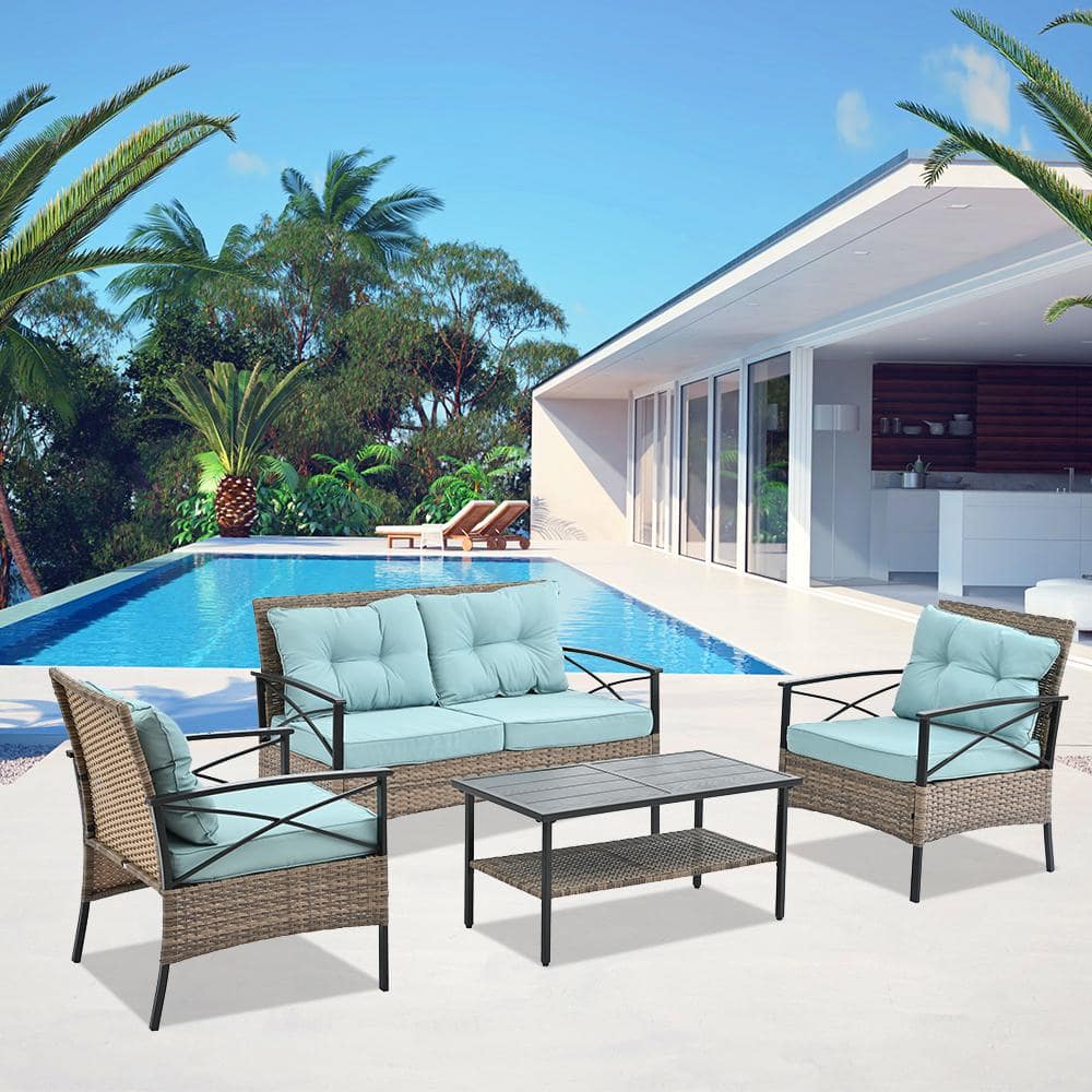 4-Piece Outdoor Brown Wicker Patio Furniture Sectional Sofa Conversation Se