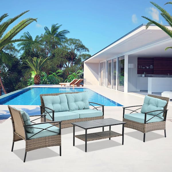 Unbranded 4-Piece Outdoor Brown Wicker Patio Furniture Sectional Sofa Conversation Set with Blue Cushions And Black Metal Table
