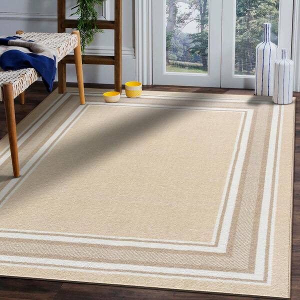 Bordered Non-Skid Low Profile Pile Rubber Backing Kitchen Area Rugs Beige