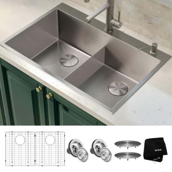 Standart PRO 33in Drop In / Undermount 16 Gauge Double Bowl 2-Hole Stainless Steel Kitchen Sink