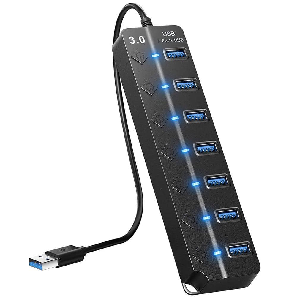 Etokfoks Black USB 3.0 7 Ports High Speed 5 Gbps USB Data Expander with Separate Switch for PC Computer