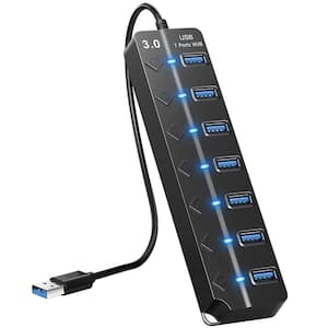 Black USB 3.0 7 Ports High Speed 5 Gbps USB Data Expander with Separate Switch for PC Computer