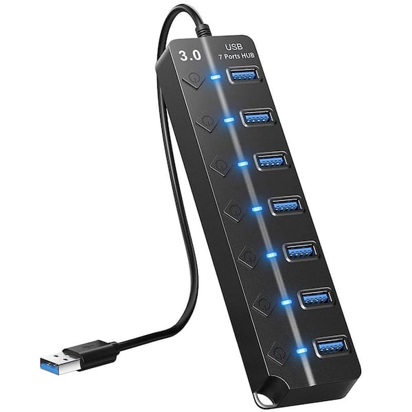 Multi Port USB Splitter, 7 in 1 USB Port 2.0 Hub with High Speed Individual  ON/Off Switches and LEDs USB Port Expander (7-Port USB)