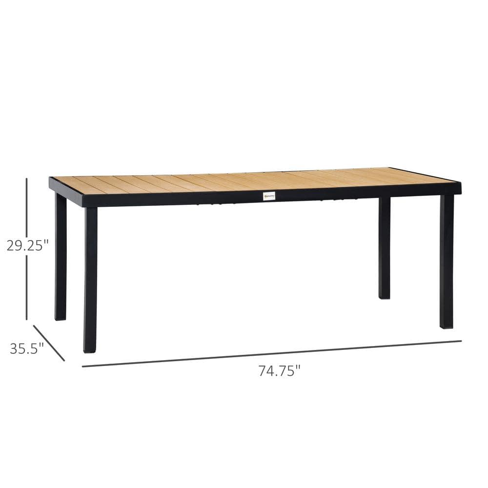 Natural Wood-Like Slat Top Rectangular Outdoor Dining Table with Black Aluminum Frame