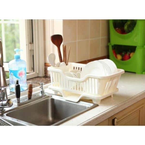 White Heavy Duty Plastic Dish Drying Rack with Utensil Cup