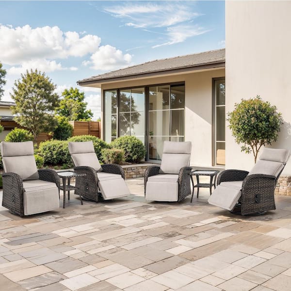 Pocassy Comfort Series 6-Piece Wicker Patio Versatile Pneumatic Swivel Conversation Set with Gray Cushions