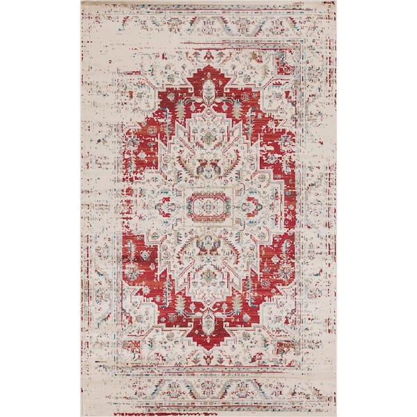 SUPERIOR Marquis Red 5 ft. x 8 ft. Modern Farmhouse Medallion Polypropylene Area Rug