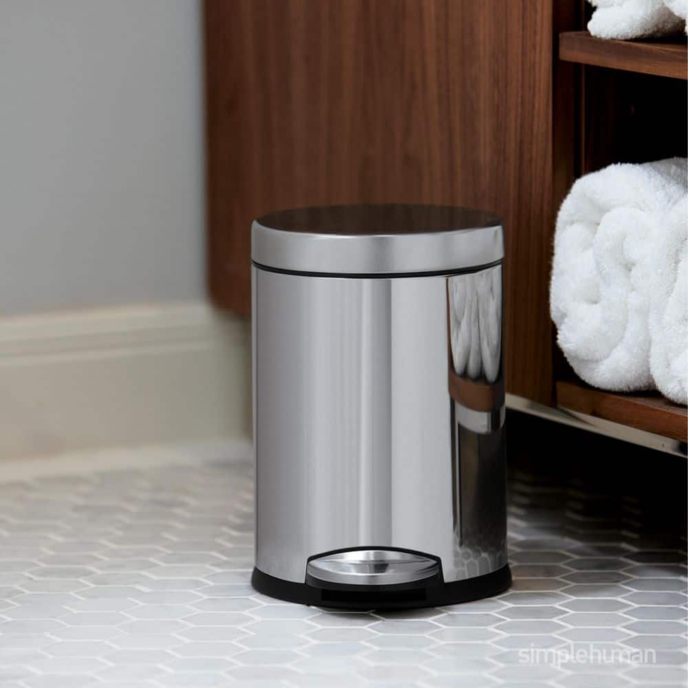 Polished Stainless Steel Round Step Trash Can with Pedal, 1.2 Gallon