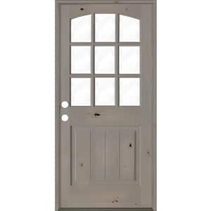 32 in. x 80 in. Knotty Alder Right-Hand/Inswing 9-Lite Arch Top V-Panel Clear Glass Grey Stain Wood Prehung Front Door