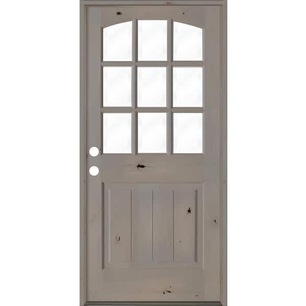 Krosswood Doors 32 in. x 80 in. Knotty Alder Right-Hand/Inswing 9-Lite Arch Top V-Panel Clear Glass Grey Stain Wood Prehung Front Door