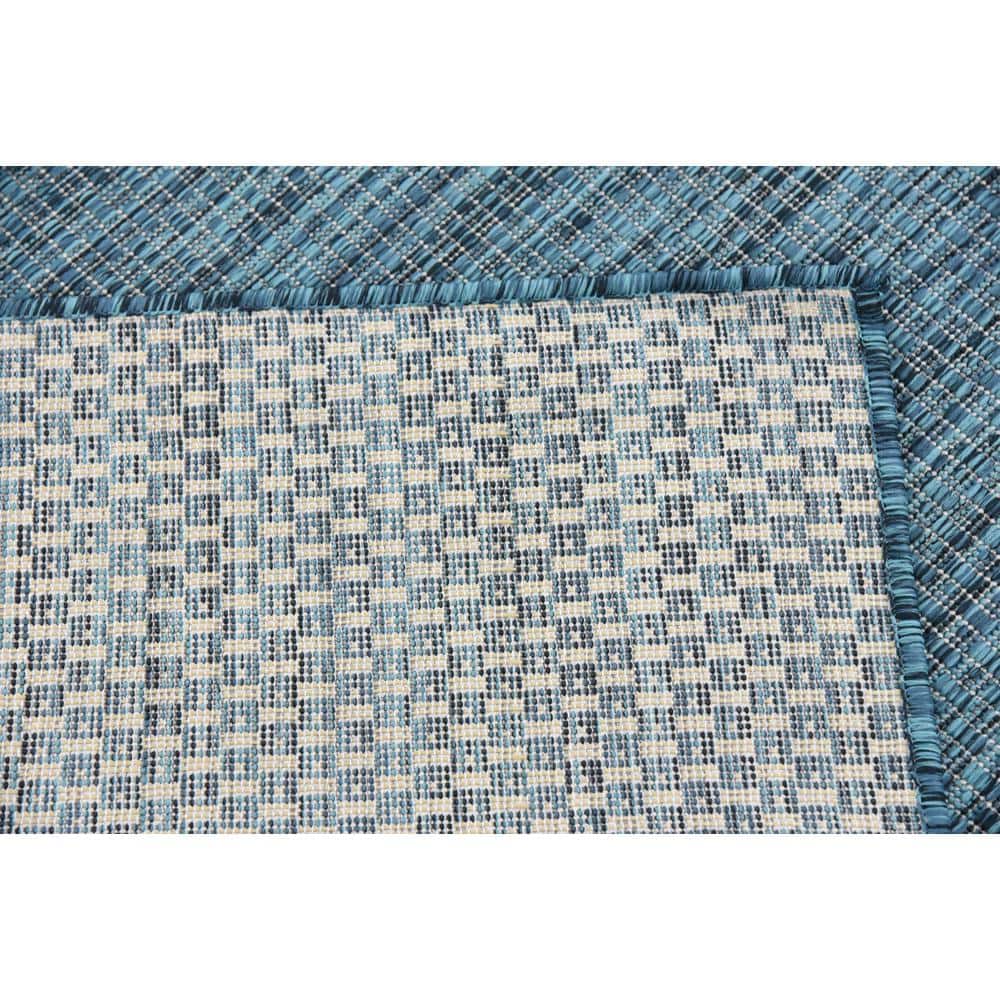 Teal and Navy Blue Outdoor Rectangular Synthetic Rug