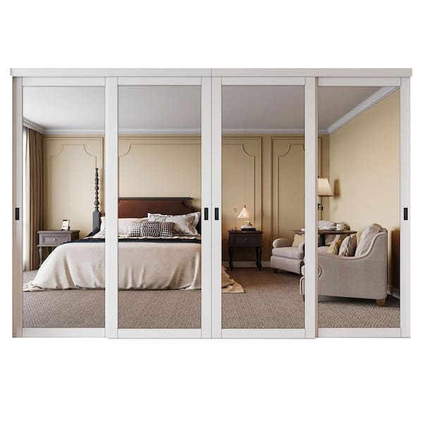 144 in. x 96 in. Solid Core 1-Lite Mirror White Primed MDF Interior Closet Sliding Door with Hardware