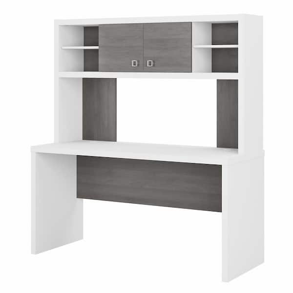 Bush Furniture Echo 60 in. Rectangular Pure White/Modern Gray Desk with Hutch