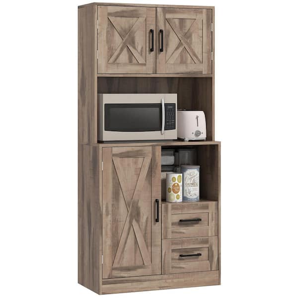 Farmhouse Kitchen Pantry, 71" Tall Storage Cabinet with Microwave Oven Countertop, Gray